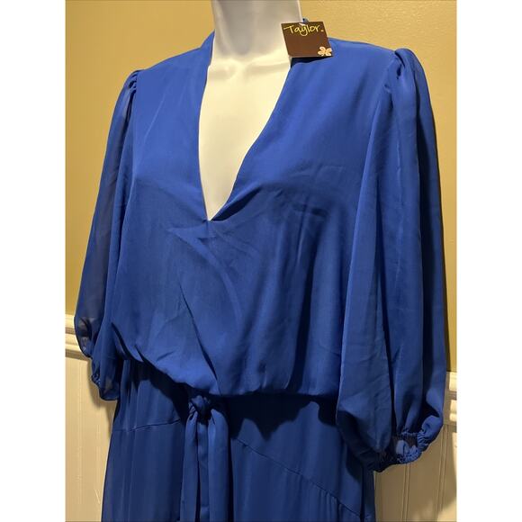 Taylor Royal Blue Azure Chiffon V neck High Low Midi Dress Medium - Picture 5 of 9
